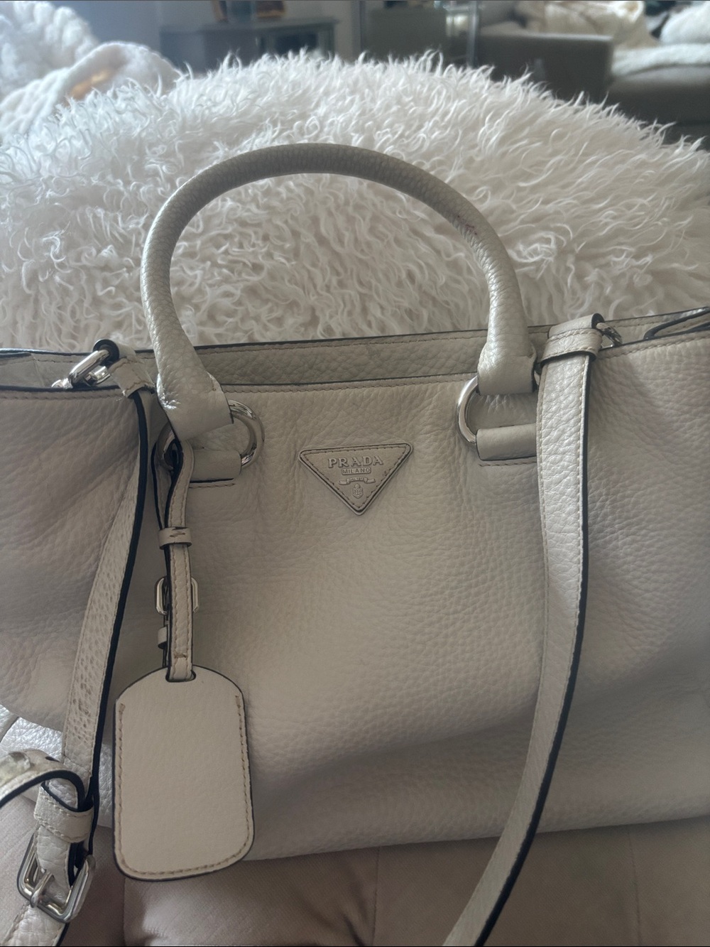 Prada Cream Pebbled Leather Shoulder Satchel with Detachable Strap